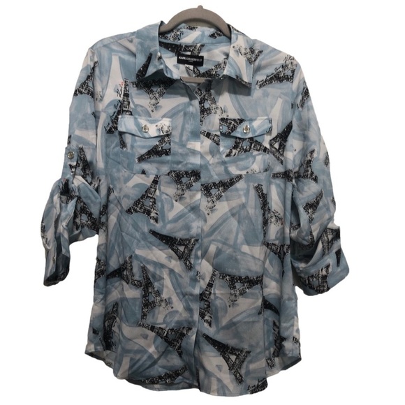 karl Lagerfeld Women’s Paris Eiffel Tower Print Long Sleeve Button Up Shirt M - Picture 3 of 6